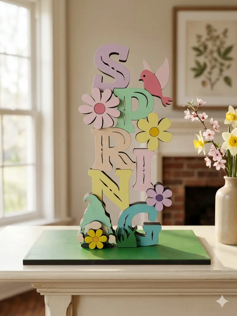 3D Spring Gnome Tabletop Decor – Layered Wooden Stand 1
