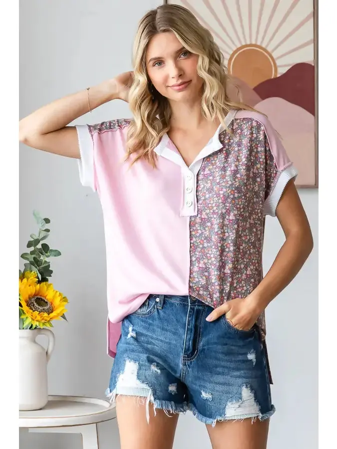 Blush Floral Top – Half-Panels And Button-Front Short-Sleeve Style 1