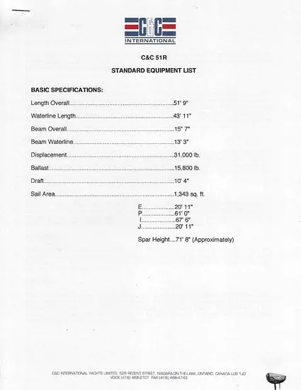 C&C 51R Rigging And Hull Specifications Package 1