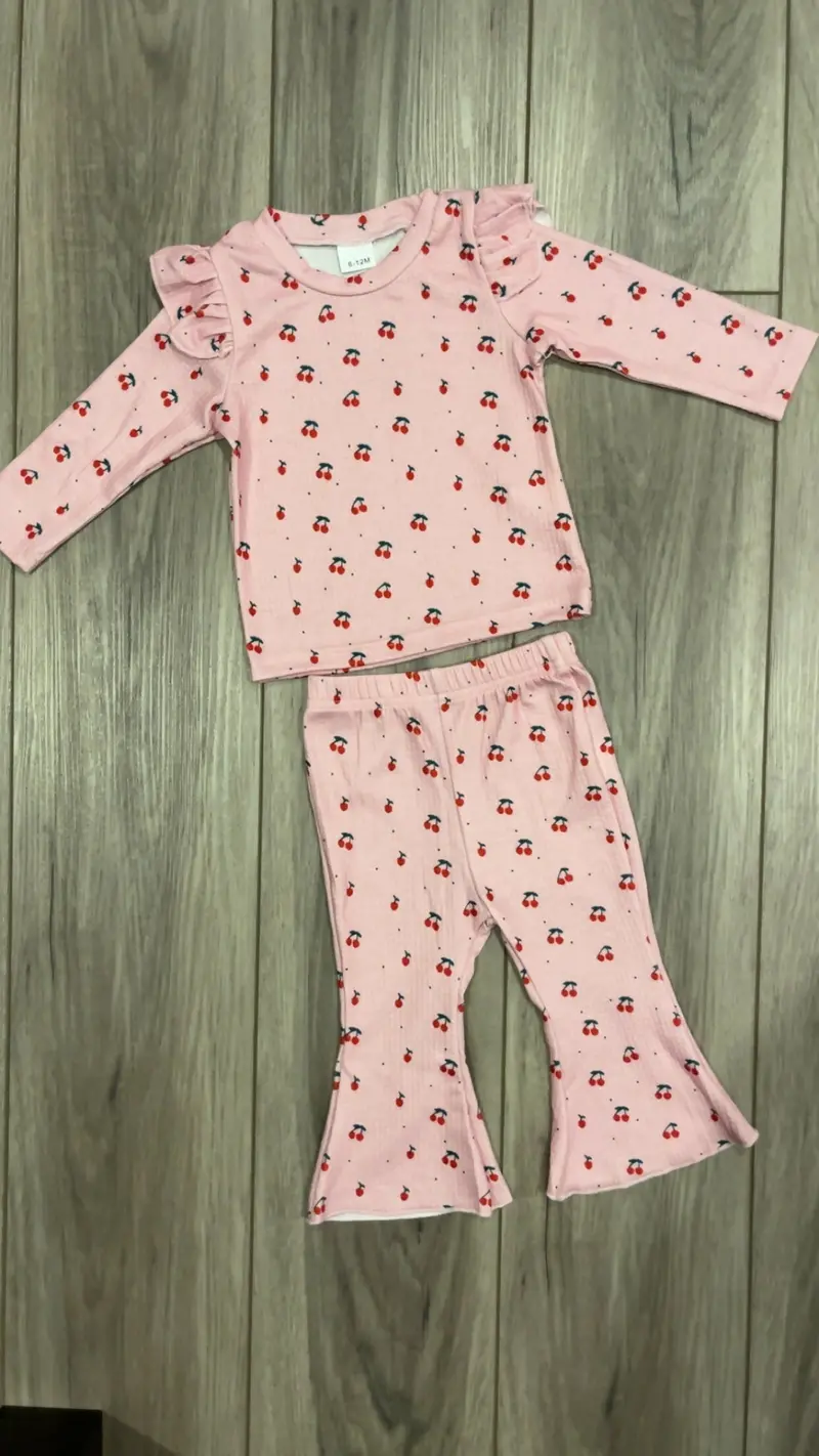 Cherry-Red Ribbed Flared Matching Set – Top And Bottom 1