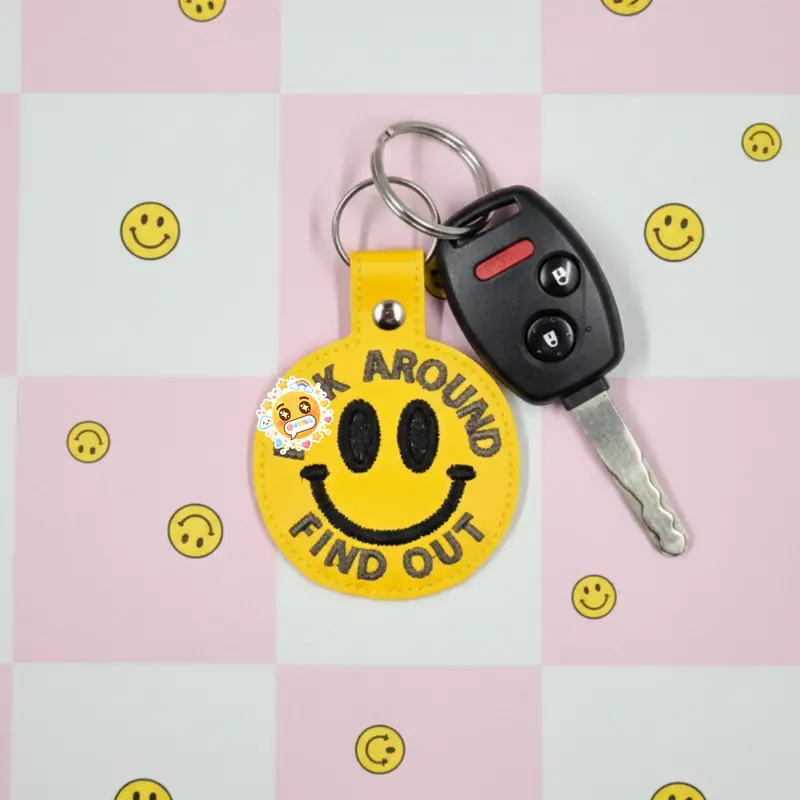Fuck Around Find Out Smiley Face Embroidered Keychain 1