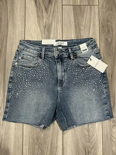 Judy Blue Rhinestone-Embellished Light-Wash Shorts – High-Waisted Fit 1