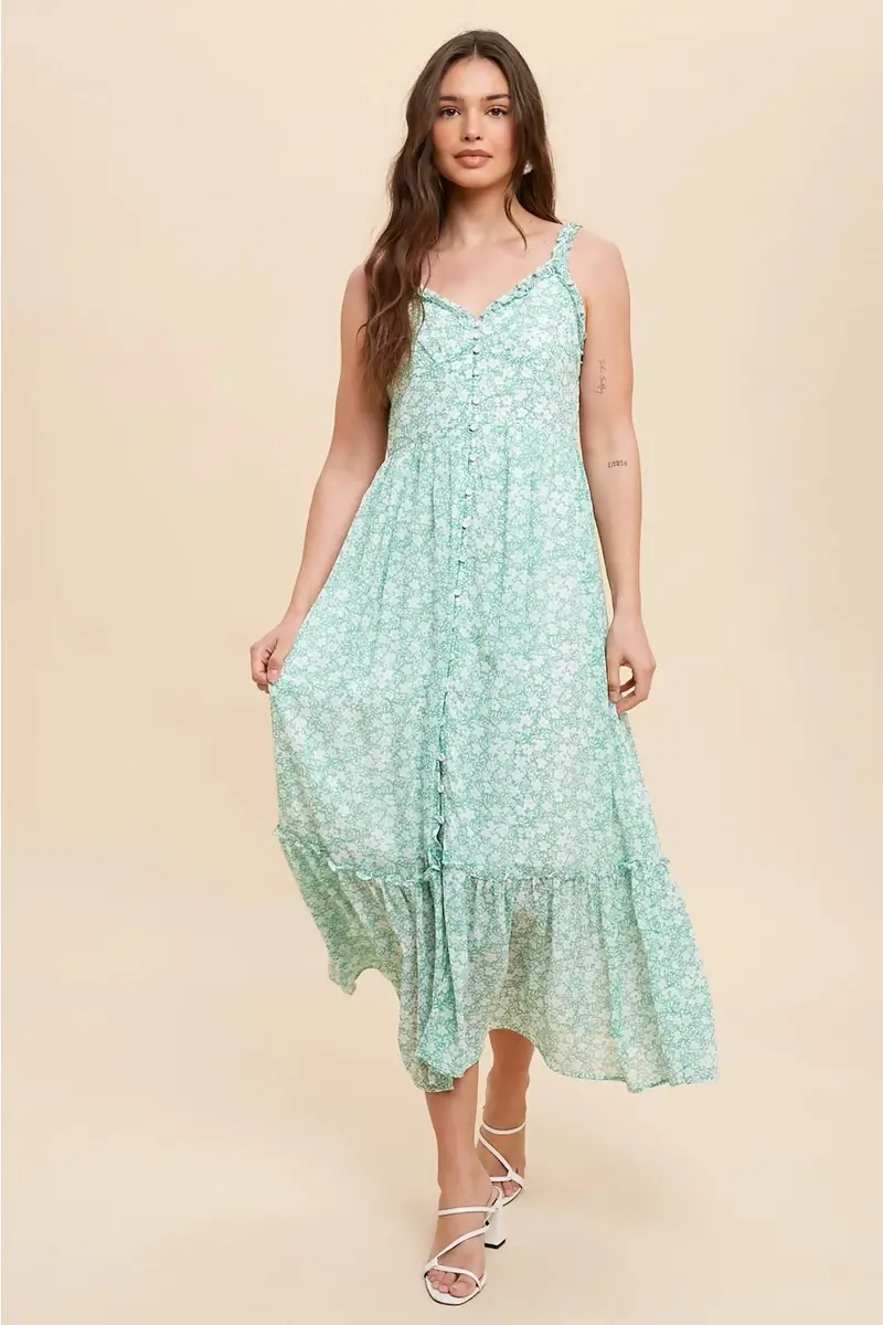 Kelly Green Floral Dress – Ruffled Strap Button-Front Design 1