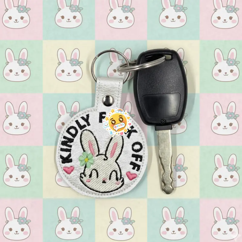 Kindly Fuck Off Bunny Embroidered Vinyl Keychain 1