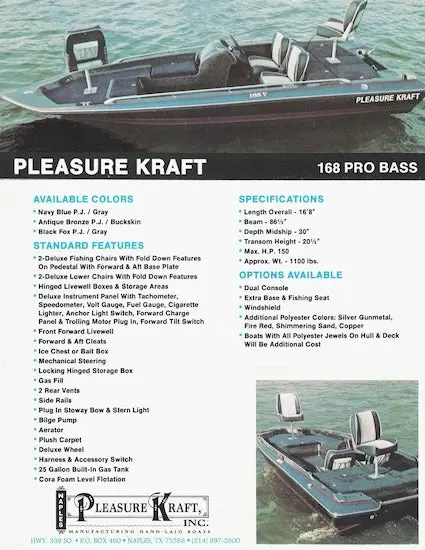 Naples Pleasure Kraft 168 Pro Bass Fishing Boat Brochure 1