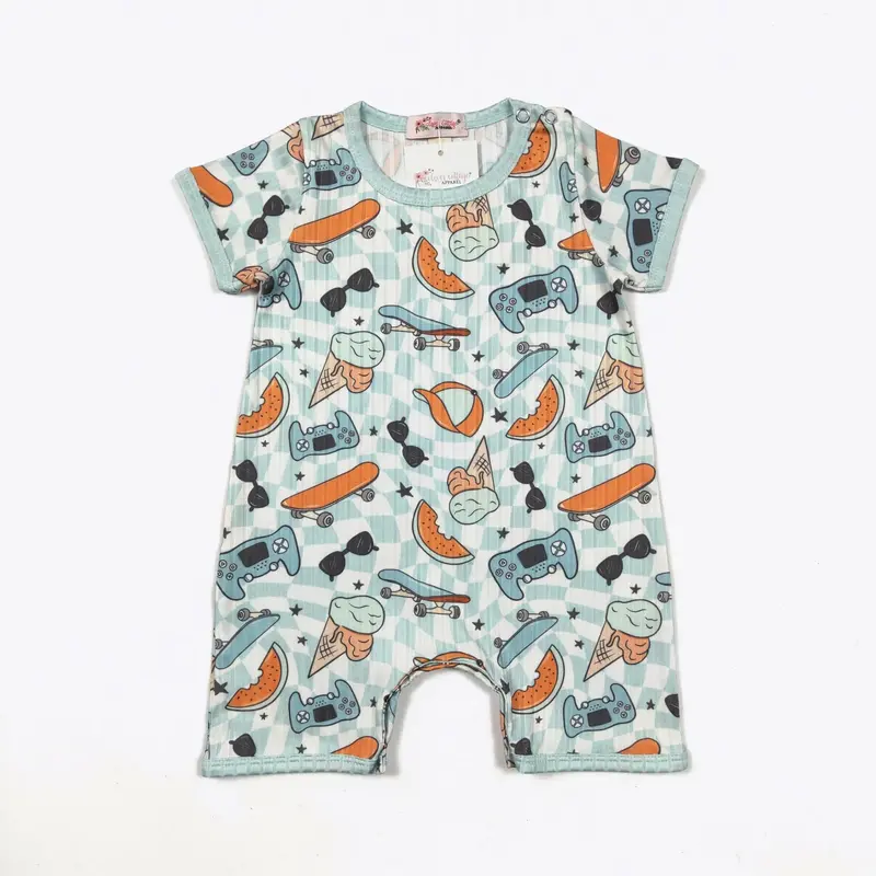 Skateboard-Themed Short Romper – Playful Casual Outfit 1