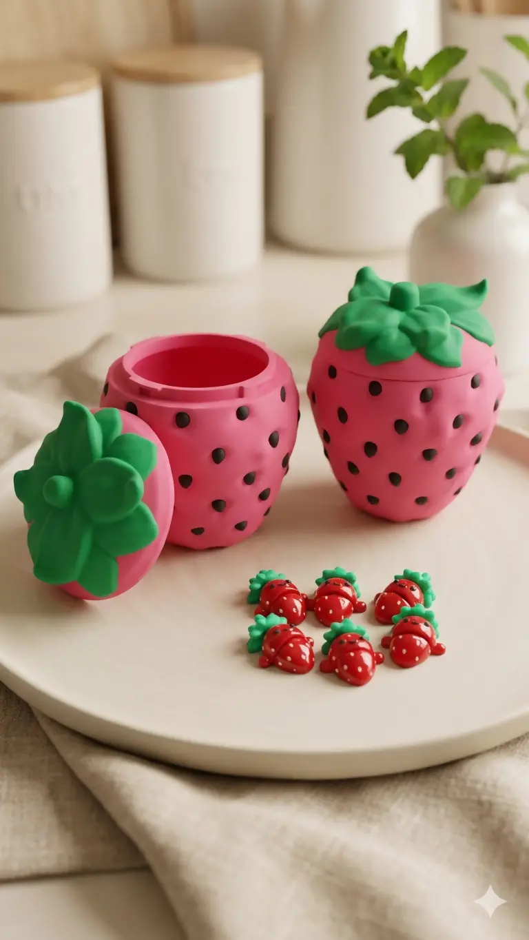 Strawberry-Shaped Storage Container With Flexible Buddy Accessories 1