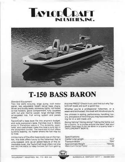Taylorcraft T-150 Bass Baron Brochure – Angler-Centric Design Specs 1