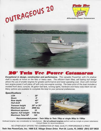 Twin Vee Outrageous 20 Brochure – Compact Power & Maneuverability Specs 1