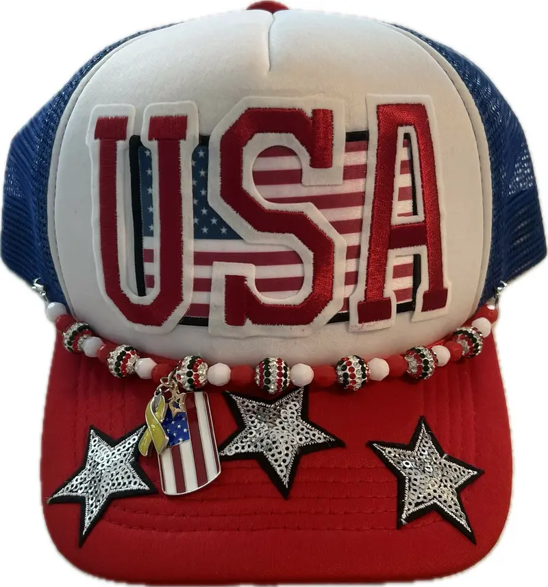 Usa Flag Trucker Hat With Metallic Chain Detail 1
