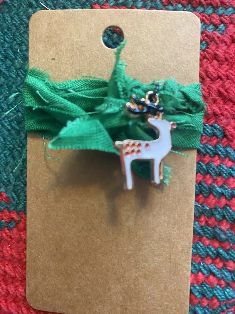 White Deer Ornament With Green Fabric Accents 1